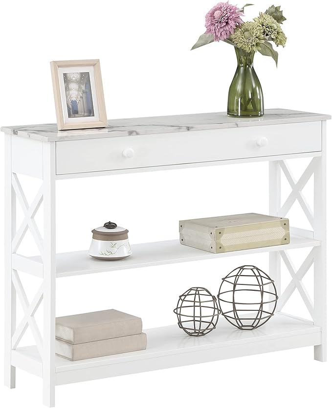 Convenience Concepts Oxford 1 Drawer Console Table with Shelves, White Faux Marble/White-NeatNest