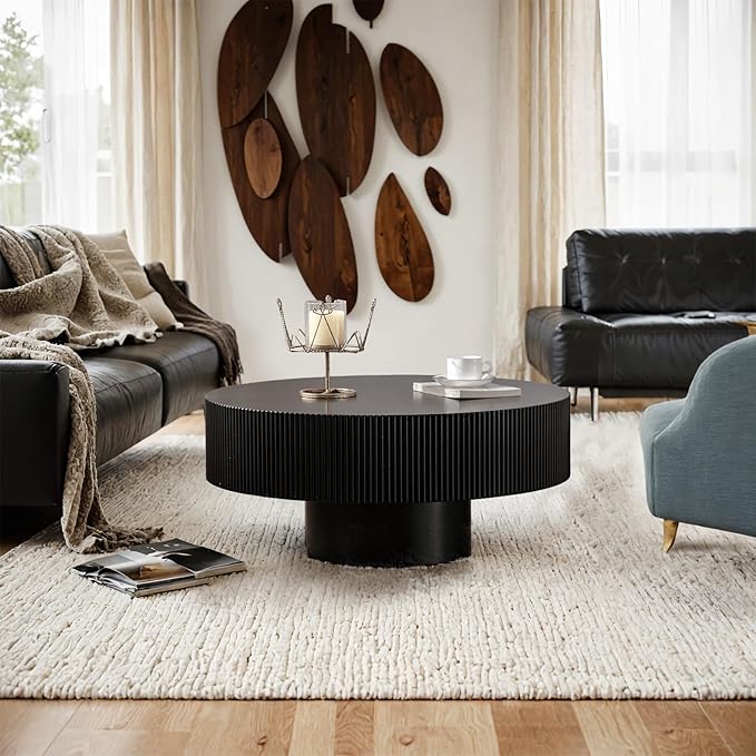 Handmade Round Grooved Drum-Shaped Coffee Table、Rustic Modern Circular Centerpiece for Living Room & Farmhouse Decor、Easy to Clean (B Black 30.9in)