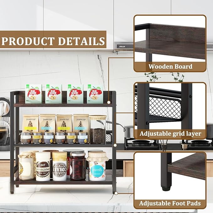 IBUYKE 3-Tier Spice Rack Industrial Counter Shelf Desktop Storage Organizer Standing Seasoning Rack for Countertop Kitchen Office Living Room Desktop Dark Grey UTLJ021G-NeatNest