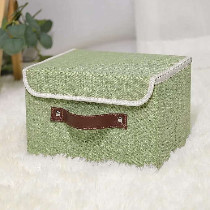 ANMINY 4PCS Storage Bins with Lid PU Leather Handles Storage Boxes PP Plastic Board Decorative Foldable Lidded Cotton Linen Fabric Home Cubes Baskets Closet Organizer Containers - Green, Small Size-NeatNest