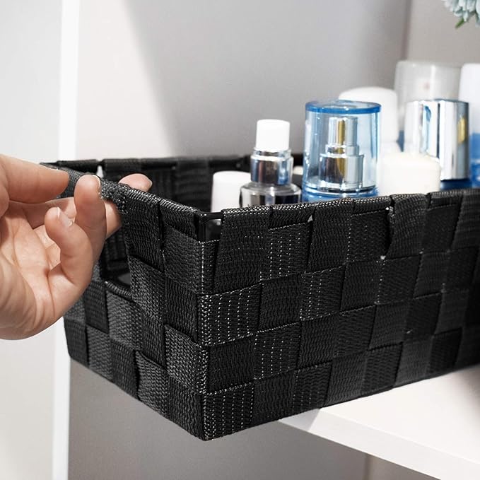 homyfort Woven Black Storage Baskets Shelf Tote Boxes Container, Durable Storage Organizer Bins with Built-in Handles for Bedroom, Office, Closet, Kids Room, Nursery, 3-Pack,11.4”x 6.5”x 4.5”-NeatNest