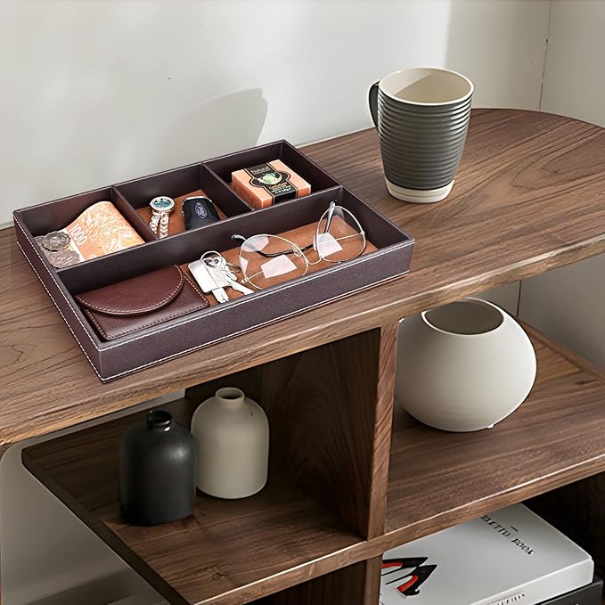 GORESE Faux Leather Valet Tray for Men, Stackable Jewelry Organizer for Drawers Inserts, Nightstand Caddy Tray for Key, Wallet, Sunglass, Watch, Coin, Phone, Bedside Desktop Storage Brown-NeatNest