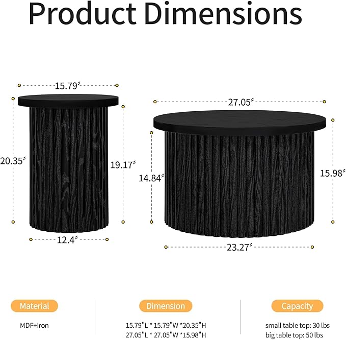 Nesting Round Coffee Table Set of 2,Modern Side Tables Accent End Table for Living Room, Apartment, Black