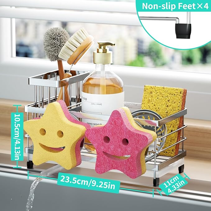 HapiRm Sink Caddy Sponge Holder - Self-draining Kitchen Sink Organizer with Smiley Face and Brush Holder, Stainless Steel Kitchen Sponge Caddy for Countertop - Silver