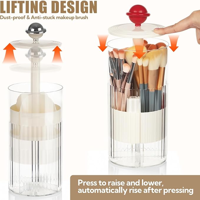 2 Pack Makeup Brush Holder with Lid Automatic Lifting Makeup Brush Organizer with Lid Dustproof & Waterproof 4-Compartment Clear Makeup Organizer for Vanity,Office,School,Dorm Room,Red+Silver-NeatNest