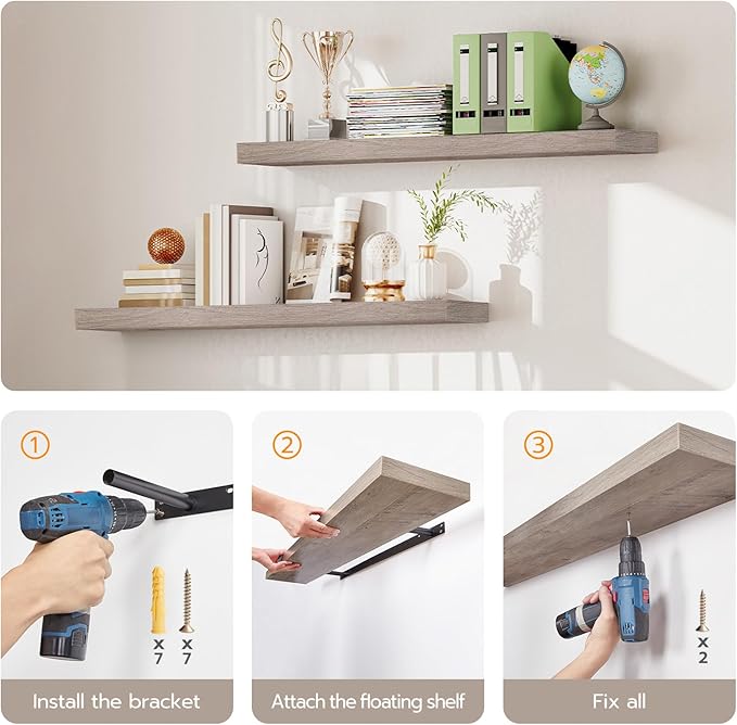 HOOBRO Floating Shelves for Wall, Wall Mounted Shelf Set of 2, 47.2" Hanging Shelf with Invisible Brackets, for Wall in Bathroom, Bedroom, Toilet, Kitchen, Living Room, Office, Greige BG120BJP201-NeatNest