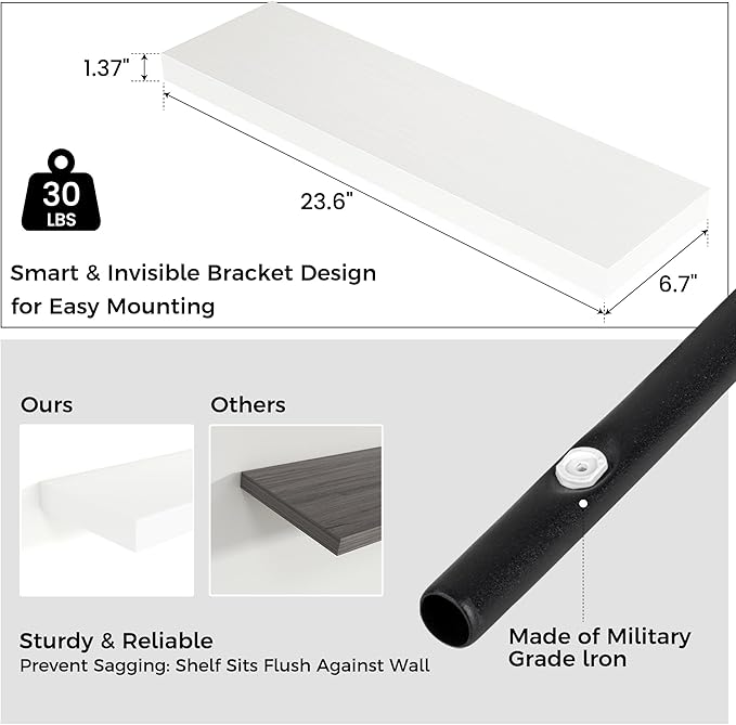Floating Shelves for Wall, 24"W x 6.7"D x 1.4"H, 2 Pack of Long Wall Mounted Engineered Wood Shelves with Invisible Brackets for Living Room, Bedroom, Bathroom, Kitchen Decor and Storage, White-NeatNest
