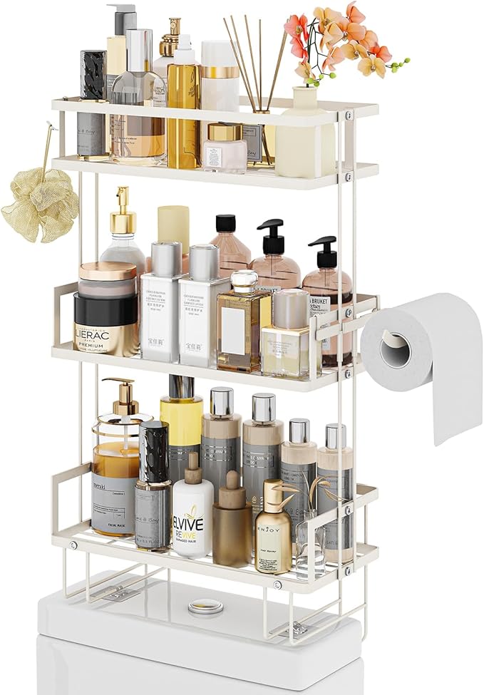 Godboat Bathroom Organizers and Storage, 3-Tier Over The Toilet Storage, Wall Shelf with Paper Holder and 2 Hooks, No Drilling Cool Decor and Home Decor, Gifts for Women, Mom, Mothers Day (White)-NeatNest