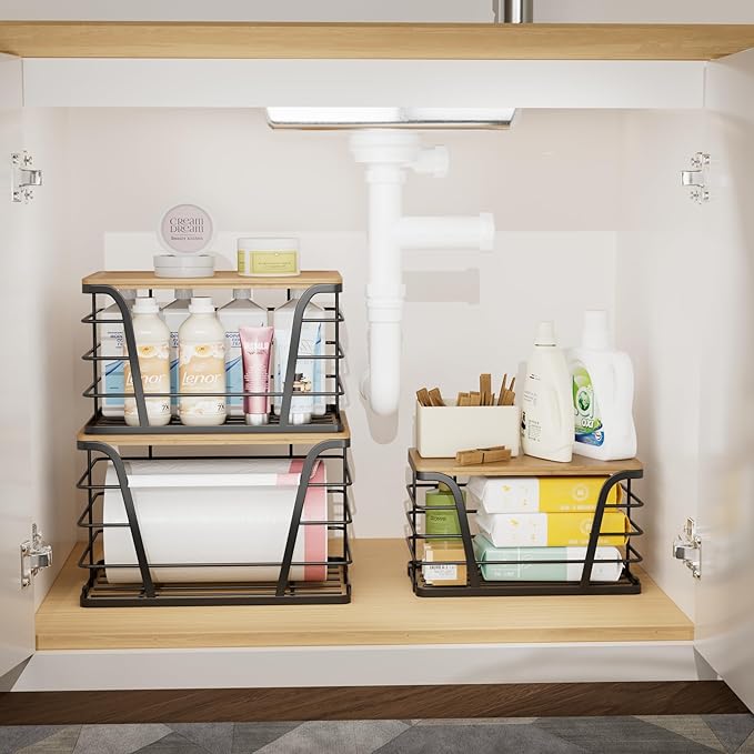 3 Pack Stackable Pantry Organizer, Trash Bag Dispenser Under Sink, Kitchen Organization and Storage, Kitchen Counter Organizer, Black
