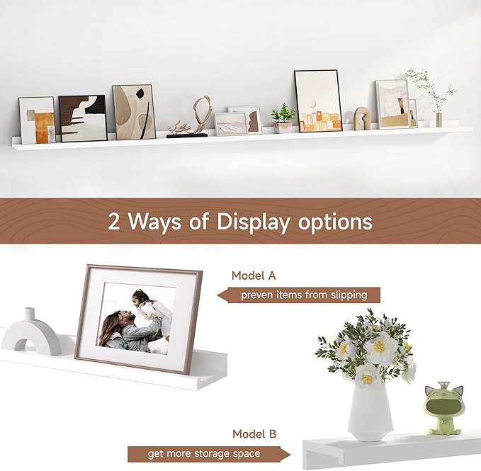 Floating Picture Ledge Shelves for Wall Set of 2, 84 Inches Picture Ledge Shelf with Long Large Nursery Book Shelf for Toys Storage Kids Bookshelf Wall Mounted Living Room Bedroom Decor Frames, White-NeatNest