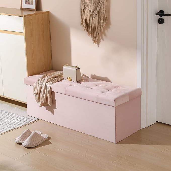 PRANDOM Jumbo Ottoman with Storage [1-Pack] Velvet Folding Small Square Foot Stool with Lid for Living Room Bedroom Coffee Table Dorm Pink 43x15x15 inches-NeatNest