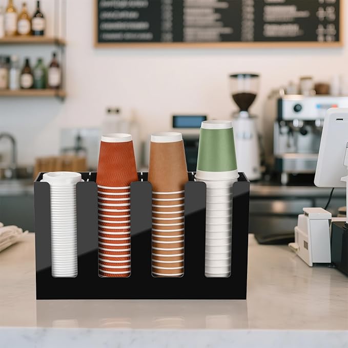 MYITYARD Coffee Cup Holder, Cup and Lid Organizer fits 5 to 16 oz Disposable Paper & Plastic Cups, Cup Dispenser Countertop, Coffee Bar Accessories for Bathroom, Kitchen, Office (4 Compartment)
