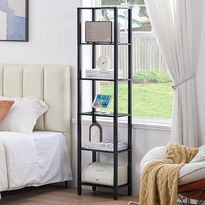 66in Tall Bookshelf 6-Tier Small Narrow Bookcase, Skinny Book Shelf for Small Space, Farmhouse Slim Shelf with Storage, Wood Freestanding Display Thin Bookshelves for Living Room, Office, Black