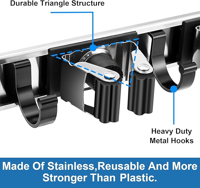 Mop and Broom Holder Wall Mount Metal Heavy Duty Utility Hooks Broom Organizer Garage Storage Systems Tool Racks for Home Laundry Garden Kitchen Organization (Silver, 2 Pack 3R4H)-NeatNest