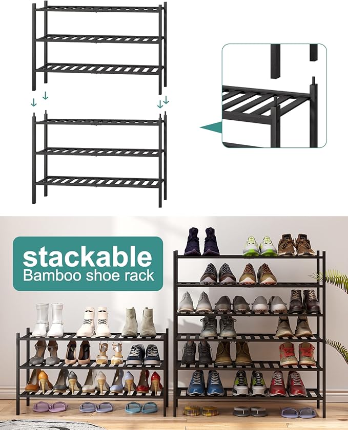 3-Tier Long Black Shoe Rack, Bamboo Wood Shoe Rack for Closet, Entryway & Hallway, Stackable | Functional | Sturdy