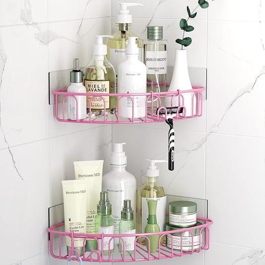Orimade Corner Shower Caddy with 2 Hooks Wall Mounted Metal Bathroom Shelf Storage Organizer Adhesive No Drilling 2 Pack, Pink Only for 90-Degree Corner