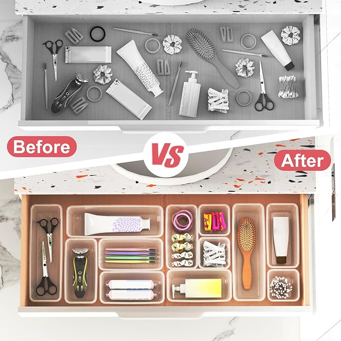 24 PCS Plastic Drawer Organizer Set, Sturdy 3-Size Makeup Vanity Desk Drawer Organizer Trays and Storage Bins for Cosmetics, Junk and Gadgets – Ideal for Bathroom, Bedroom, Office and Kitchen-NeatNest