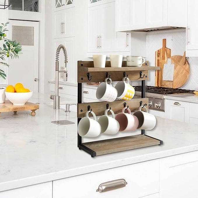 IBUYKE Rustic Coffee Mug Holder Stand, 2 Tier Countertop Mug Tree Holder Rack with Storage Base, Vintage Mug Holders for Kitchen, Holds 8 Mugs, Beige UTBJ002Y-NeatNest