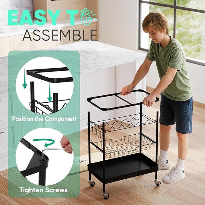 4 Tier Rolling Cart Metal, Easy Install Bar Cart, Heavy Duty, Lockable Wheels for Kitchen, Living Room, Microwave, Black