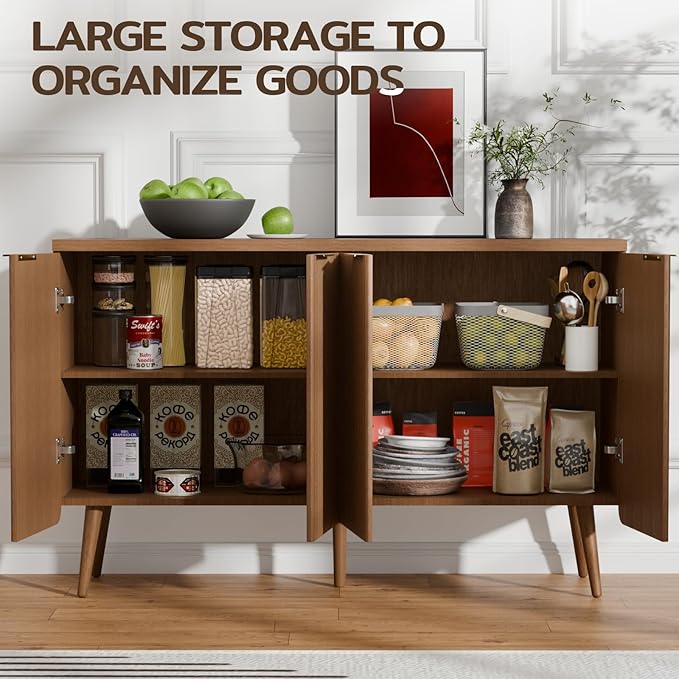 47.2" Sideboard Buffet Cabinet with Storage, Modern Fluted Accent Credenza with 4 Doors, Buffet Media Console Entryway Cabinets with Adjustable Shelves for Living Dining Room Hallway, Walnut-NeatNest