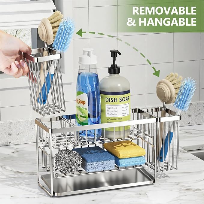 Cisily Silver 2-Tier Kitchen Sink Caddy Organzier Rack with Flexible Dish Brush Holder, Sponge Holder for Kitchen Sink Countertop Organization Storage,Home Decor Stainless Steel-NeatNest