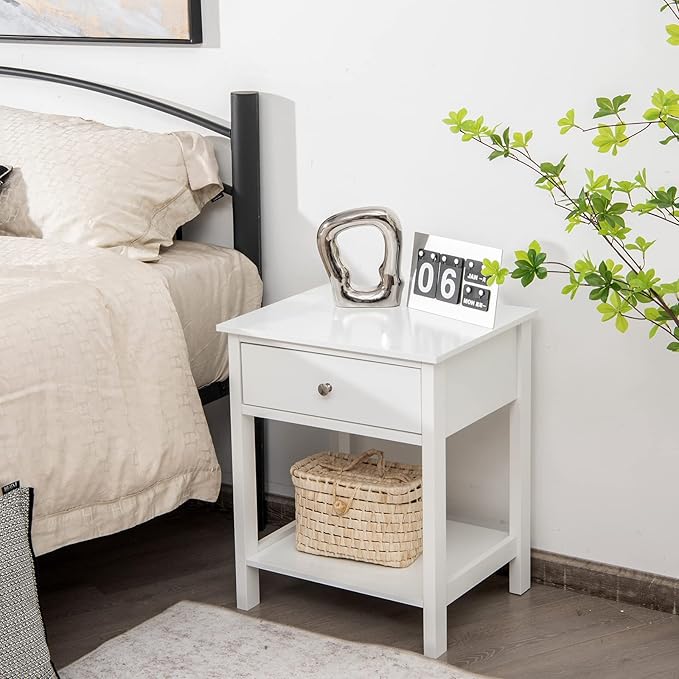 Giantex Nightstand, Wood End Table with Drawer and Open Shelf, Night Stand for Small Spaces, 2-Tier Bedside Table for Living Room Bedroom Dorm, Easy Assembly, White