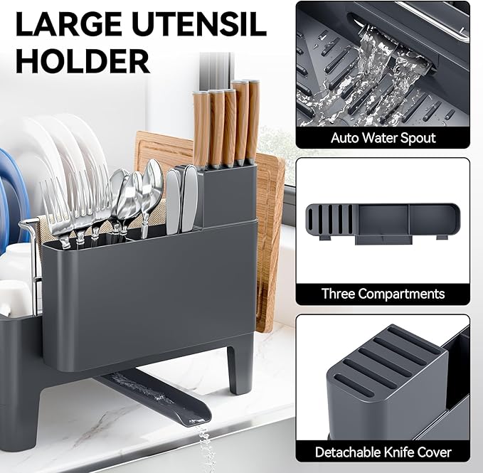 Expandable Dish Drying Rack, Stainless Steel Dish Rack with Aluminum Frame, Dish Racks for Kitchen Counter, Space Saving Kitchen Drying Rack with Movable Utensil Holder,Gray