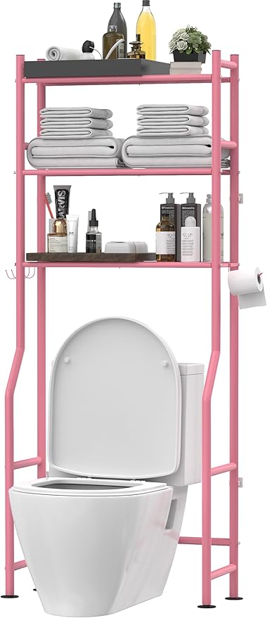 3-Tier Over The Toilet Storage, Freestanding Metal Bathroom Shelves with 4 Hooks, Over Toilet Storage Shelf with Paper Holder, Above The Toilet Shelf for Bathroom Storage, Pink-NeatNest
