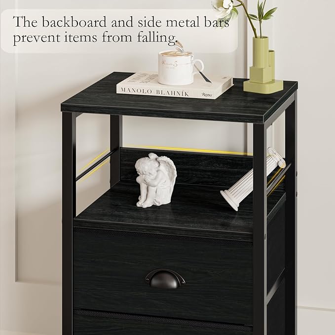 Furologee Nightstands Set 2, End Tables with 2 Fabric Drawers, Bedside Tables with Hooks and Shelf, Side Tables for Bedroom/Living Room/Study/Black Oak