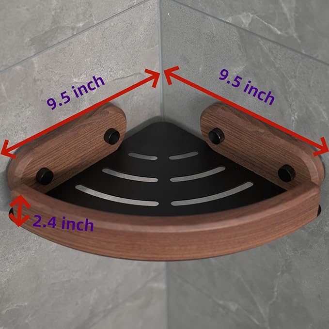 Stylish Suction Cup Aluminum Corner Shower Caddy Adjusatble Bathroom Walnut Wood Grain Triangle Storage Rack No Drilling Waterproof Shower Shelf (1)