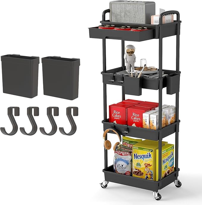 4 Tier Rolling Utility Cart with Drawer,REBECAT Utility Cart Made of Multifunctional Storage Organizer Tool for Kitchen,Bathroom,Living Room,Office(Black)-NeatNest