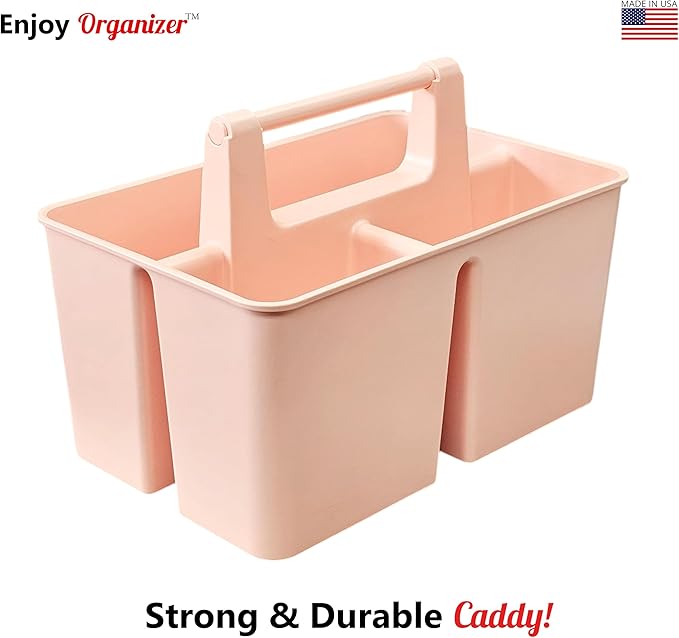 Shower Caddy Organizer with Handle, 3 Compartments, Portable Storage Bin for Bathroom, Dorm, Gym -Made In USA (Indie Pink)