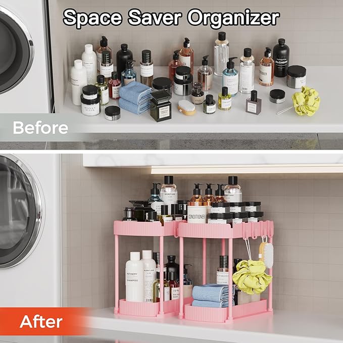 2 Pack Multi-Purpose Pull-Out Storage Organizers, Under Sink & Cabinet Organizers, 12.8 Inch Pink-NeatNest