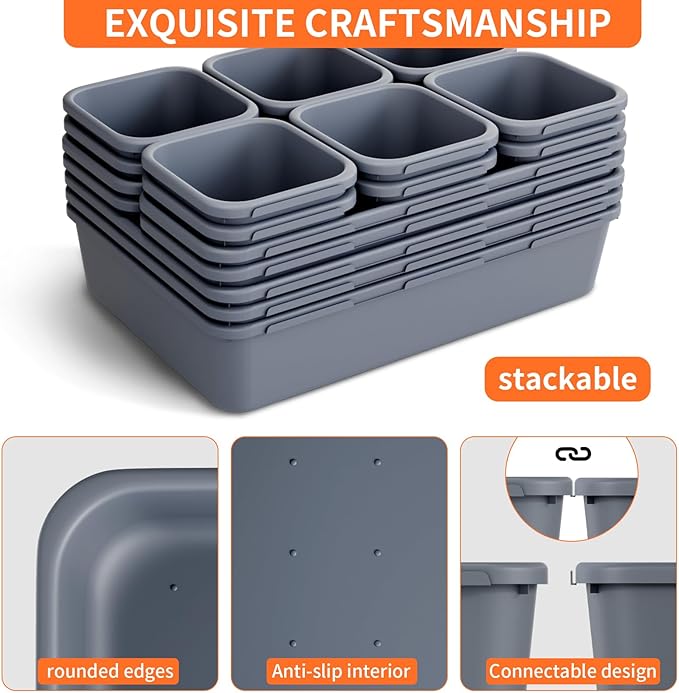 45 Pack Desk Drawer Organizer Tray, 3 Sizes Plastic Drawers Organizer Storage for Kitchen, Bathroom, Office, Vanity, Makeup, Utensils, Junk Drawer Organizer Bins, Gadget Trays for Organizing, Grey-NeatNest