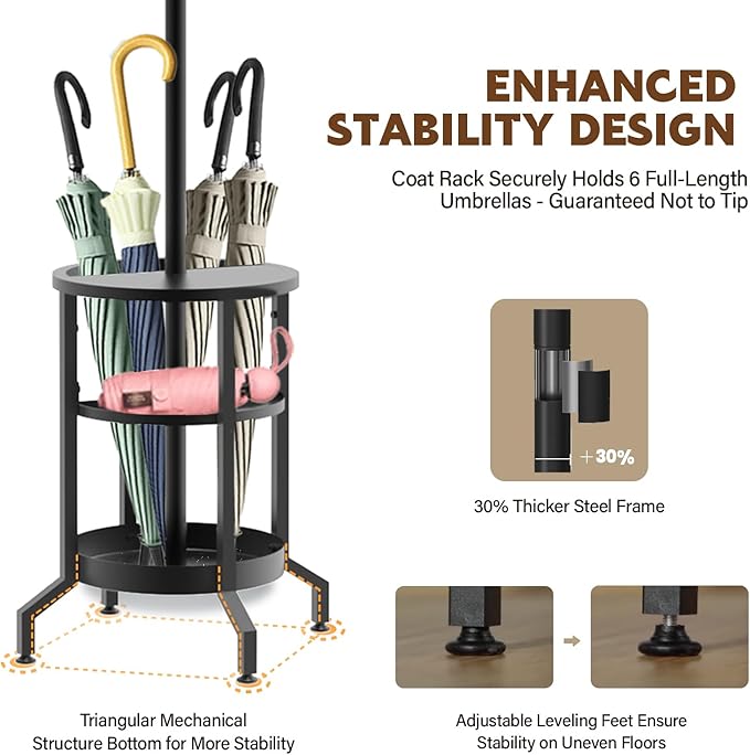 Coat Rack Freestanding, Coat Stand with Umbrella Holder, Metal Coat Tree with 12 Hooks, Coat Hanger Stand for Entryway, Coat Rack Stand for Bedroom, Living Room & Office-NeatNest