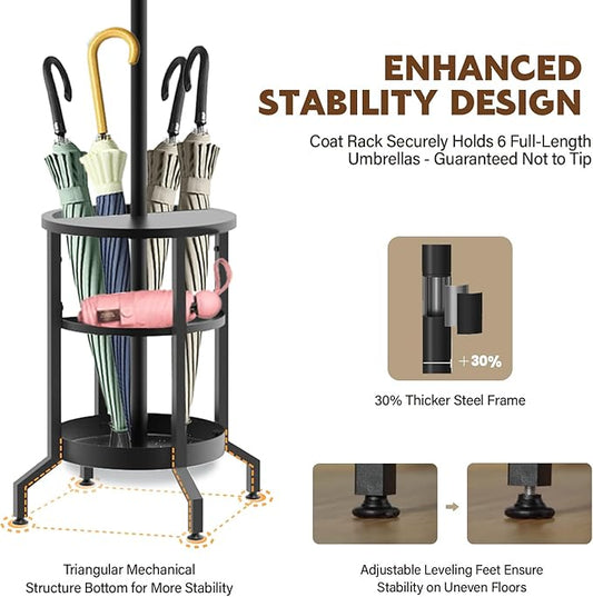 Coat Rack Freestanding, Coat Stand with Umbrella Holder, Metal Coat Tree with 12 Hooks, Coat Hanger Stand for Entryway, Coat Rack Stand for Bedroom, Living Room & Office-NeatNest