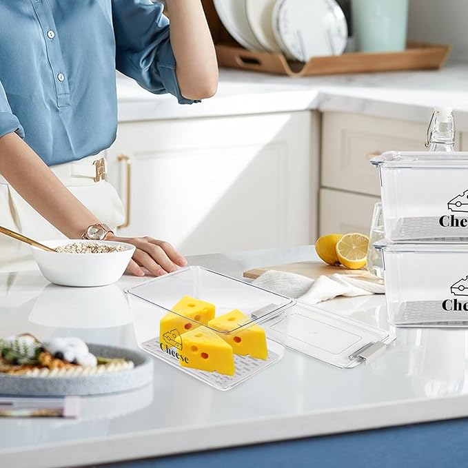 3 Pack Cheese Container Airtight with Draining Basket Cream Block Cheese Sliced Cheeses Box with Lid Saver for Fridge Deli Meat Storage Box,Cheeses Sliced,Grated,Cheddar Keeper