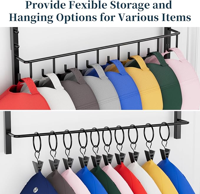 Consumest Over Door Hat Organizer - 3 Tier Wall Mounted Hat Rack with 16 Hooks and 10 Movable Clips, Hanging Baseball Cap Storage Holds up to 26 Caps for Door, Bedroom, Closet USPTO Patent Pending-NeatNest