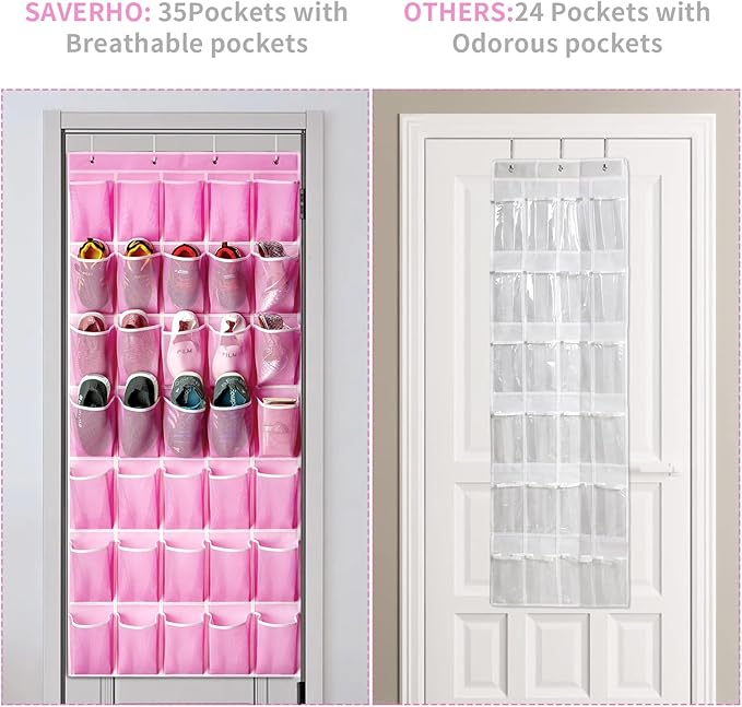 35 Pockets Over the Door Shoe Organizer, Hanging Shoe Organizer for Door with 35 Mesh Pockets Large Capacity Shoe Hanging Storage Bag with 4 Metal Hooks (Pink-1Pack)-NeatNest