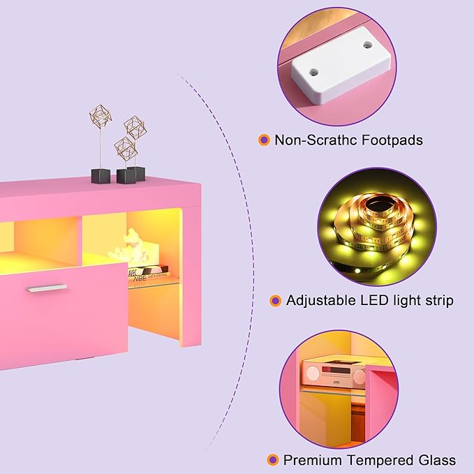 Clikuutory Modern Lighting 63 inch TV Stand with Large Storage Drawer for 50 55 60 65 70 75 Inch TVs, TV Console with 20 Color LED Lights, Entertainment Center Media and Open Shelf for Bedroom, Pink-NeatNest