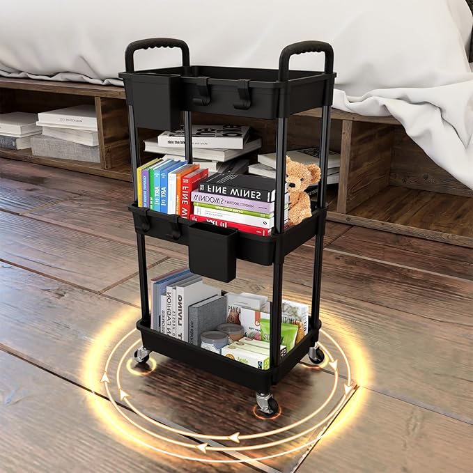 3 Tier Rolling Utility Cart with Handle,REBECAT Utility Cart Made of Multifunctional Storage Organizer Tool for Kitchen,Bathroom,Living Room,Office(Black)-NeatNest