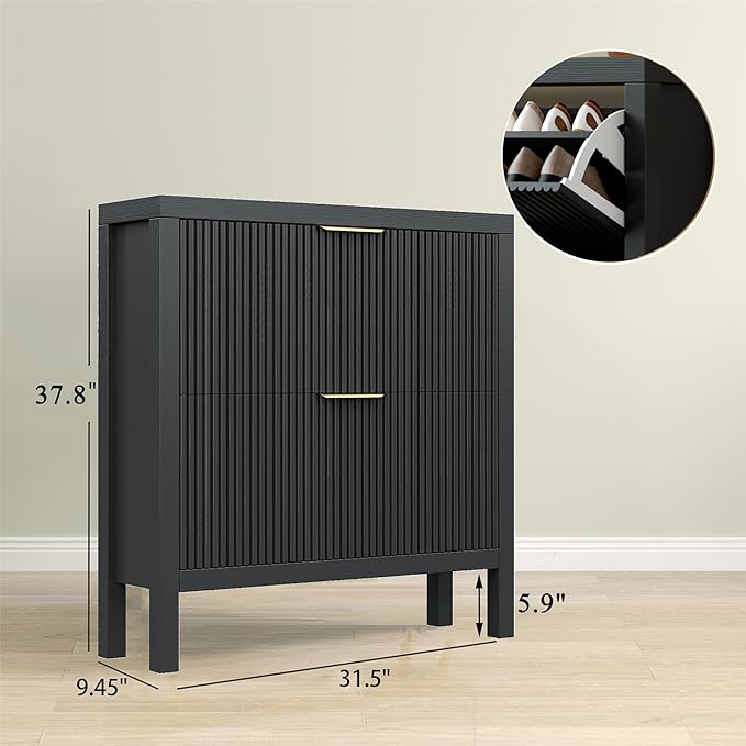 Modern 2-Tier Flip Drawer Shoe Cabinet, Freestanding Hidden Slim Narrow Shoe Rack Cabinet, Wooden Large Capacity Shoe Storage Cabinet Shoe Organizer, for Entryway, Hallway, Black-NeatNest