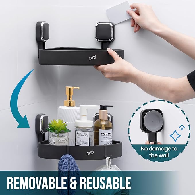 TAILI Corner Shower Caddy with Suction Cup Hooks, Aluminum Corner Shelf Basket， Wall Mounted Organizer Rack for Shampoo, No-Drilling Rustproof for Kitchen and Bathroom