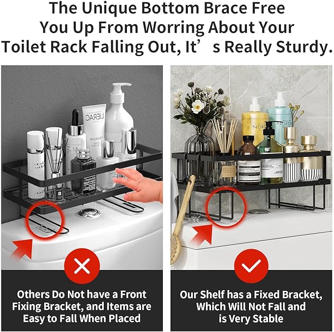 Godboat Bathroom Organizer - Over Toilet Storage, Floating Shelves with 2 Hooks, Wall Mounted Shelf Rack, Behind and Above The Tank, Gifts for Women (Black, 1-Tier)-NeatNest