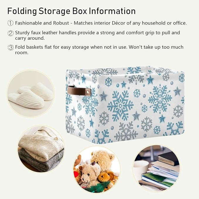 Bolaz Christmas Snowflake Storage Basket,Blue White Snowflakes Large Storage Bin Fabric Collapsible Organizer Bag with Handles 15x11x9.5 inch-NeatNest