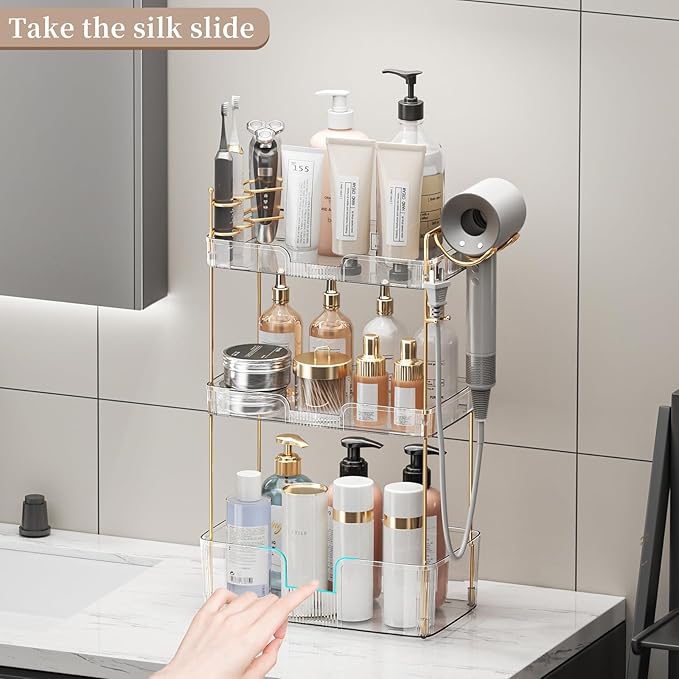 YCIA&DONE Luxury Bathroom Counter Organizer, Large Makeup Organizer Countertop, Shelf Organizer, Vanity Tray, Easily Assemble for Bathroom Organizers and Storage, Undersink, Cabinet, 3 Tiers Clear-NeatNest