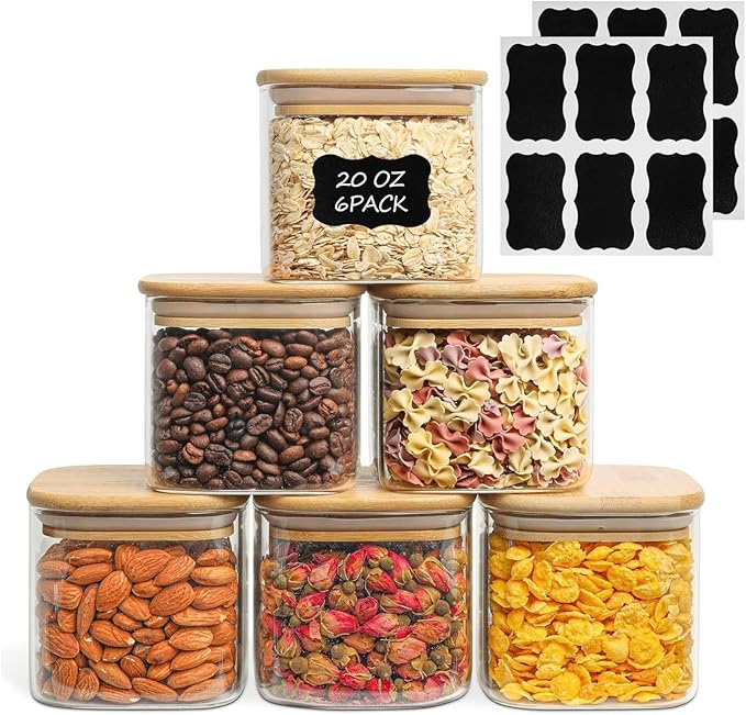 ComSaf 0.6 Qt Glass Food Storage Jars Set of 6, Clear Storage Containers with Airtight Lids, Pantry Organization Jar, Spice Jar, Blooming Tea, Coffee and Sugar Container, Canister Set for Kitchen-NeatNest