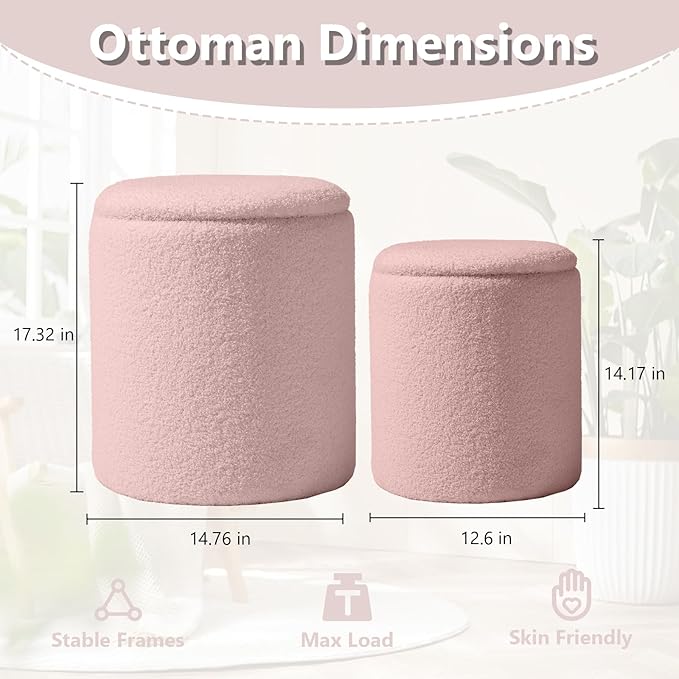 Boucle Round Ottoman with Storage Set of 2,Small Foot Stool Ottoman for Living Room, Small Coffee Table,Vanity Stool with Storage for Bedroom, Pink-NeatNest