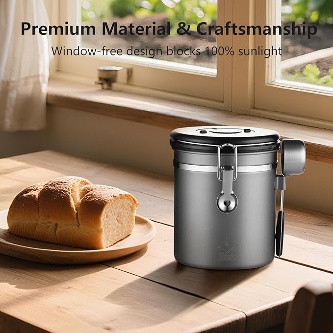 Bincoo Premium Grey Coffee Canister, 1500ml/18oz Large Airtight Stainless Steel Coffee Bean Storage Container with Date Tracker & Scoop (1500ML-Grey)-NeatNest