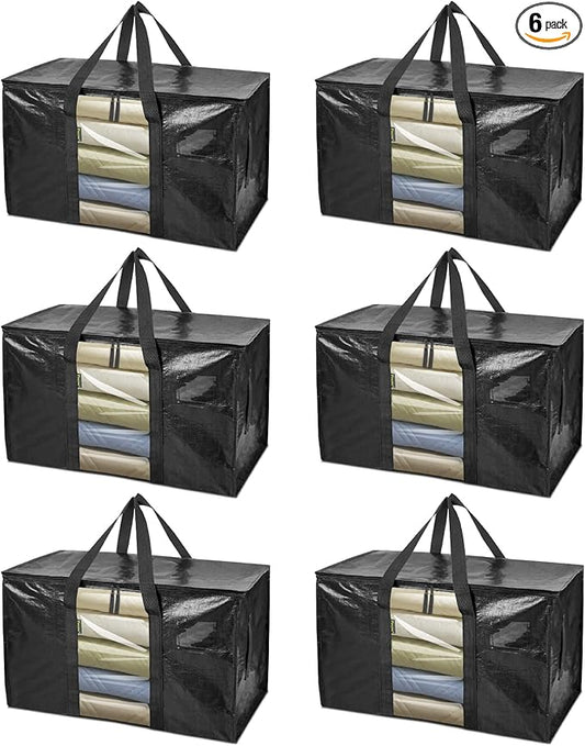 BALEINE 6-Pack Oversized Moving Bags with Reinforced Handles, Heavy-Duty Storage Tote Moving Supplies for Packaging, Camping (Black w/Window, 6-Pack)-NeatNest